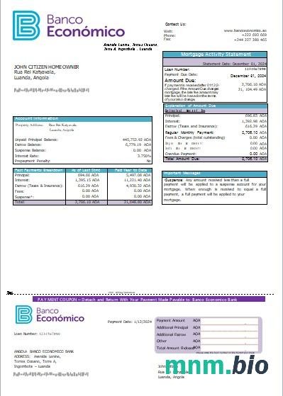 Angola Bank Banco Economico wyciąg z kredytu hipotecznego szablon Word i PDF